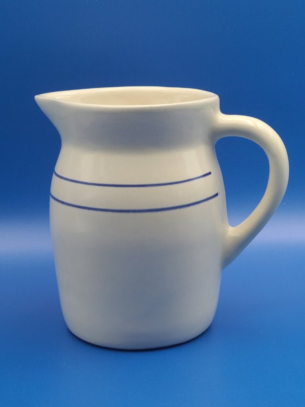 Vintage Stoneware Blue Stripe Rustic Pitcher Farmhouse Pottery 6" - Picture 3 of 11
